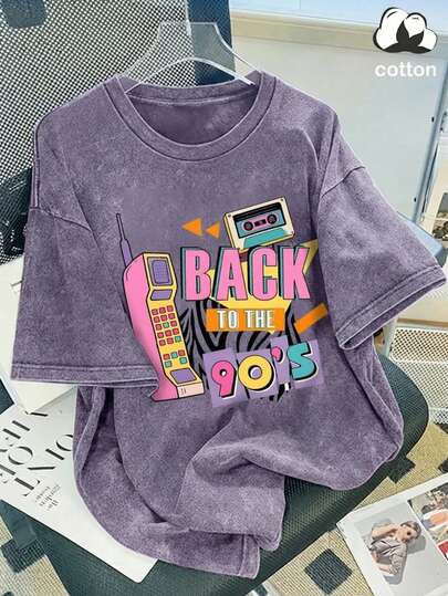 A Return To The '90s: Retro Washed T-Shirt Featuring Millennial-Style Colorful "Brick Phone" And Cassette Tape Prints-A Loose-Fit Short-Sleeve Top For Women (Nostalgic Retro Casual Wear)