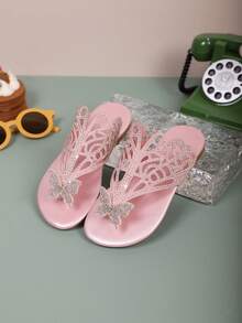 1 par de nuevas sandalias planas separadoras de dedos, diseño de moda con diamante de imitación, empeine hueco con decoración de mariposa, zapatillas de playa deslizantes para niños, zapatos versátiles de princesa - Rosa - Ver 6