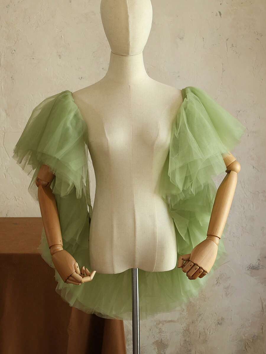 Mint Green Mesh Shawl, Wedding/Evening Dress Accessory, Outerwear For Performance, Photography - Mint Green - View 1