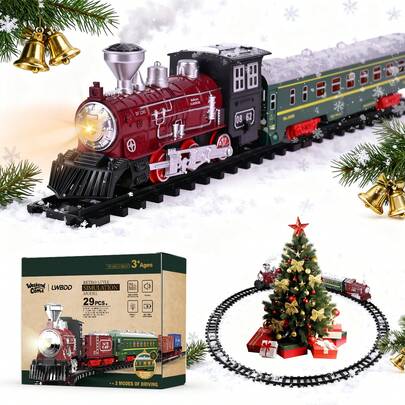 Electric Train Set For Kids Ages 3-8, Complete Toy Train With Locomotive, Cars & Tracks, LED Lights & Sounds For Indoor Railway Play