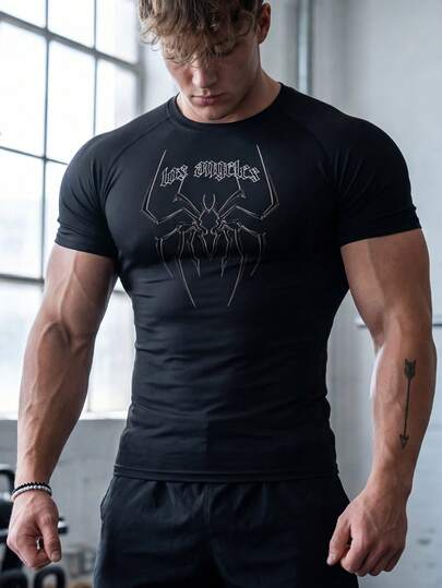 男士字母印花插肩袖压缩运动T恤，全息图案，纯色，运动透气健身服