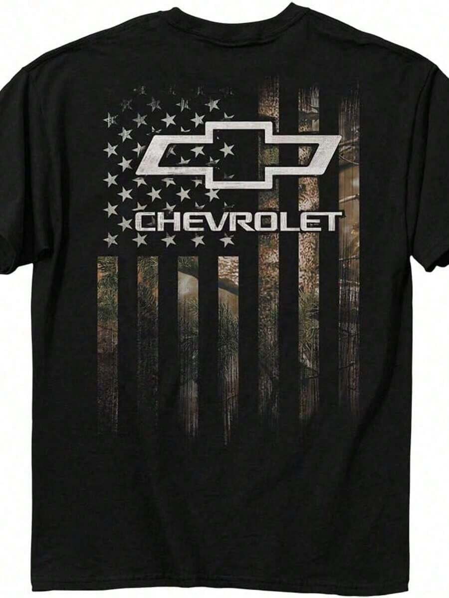 Camiseta con Patrón de Bandera y Logotipo de Chevrolet - Negro 3 - Ver 1