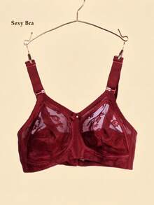1pc Women's Sheer Lace Nylon Bra, Wireless & Non-Padded With Breathable Sexy Simple European & American Style, Plus Size For Home, Office And Outdoor Wear, Lingerie, Lift - Burgundy - View 7