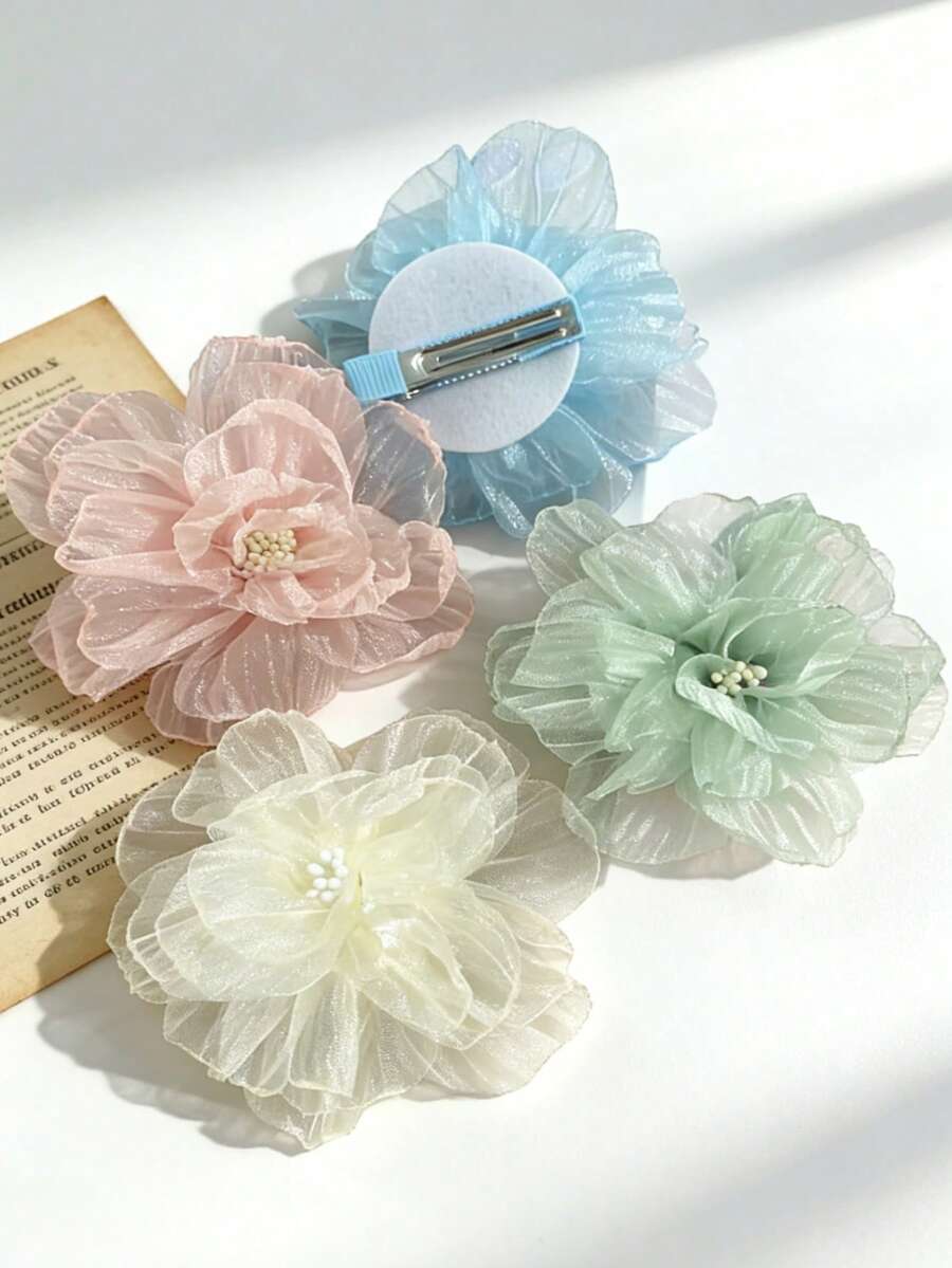 4 chiếc kẹp tóc hoa lưới cho nữ, phụ kiện tóc hoa trà, kẹp tóc hình vịt cho bé gái - Nhiều màu - Xem 1