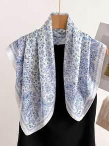 1条时尚佩斯利印花70厘米方形缎面围巾，女士披肩领巾头巾，带花卉图案 - 淡藍色腰果 - 查看 1