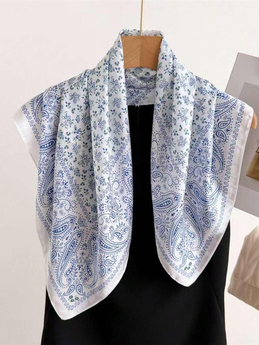 1条时尚佩斯利印花70厘米方形缎面围巾，女士披肩领巾头巾，带花卉图案 - 淡藍色腰果 - 查看 1