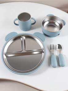 5 PIEZAS Juego de alimentación personalizado para bebé - Plato de acero inoxidable con 3 secciones y funda de silicona grabado, taza a juego, tazón y utensilios con mango de silicona - Multicolor - Ver 11