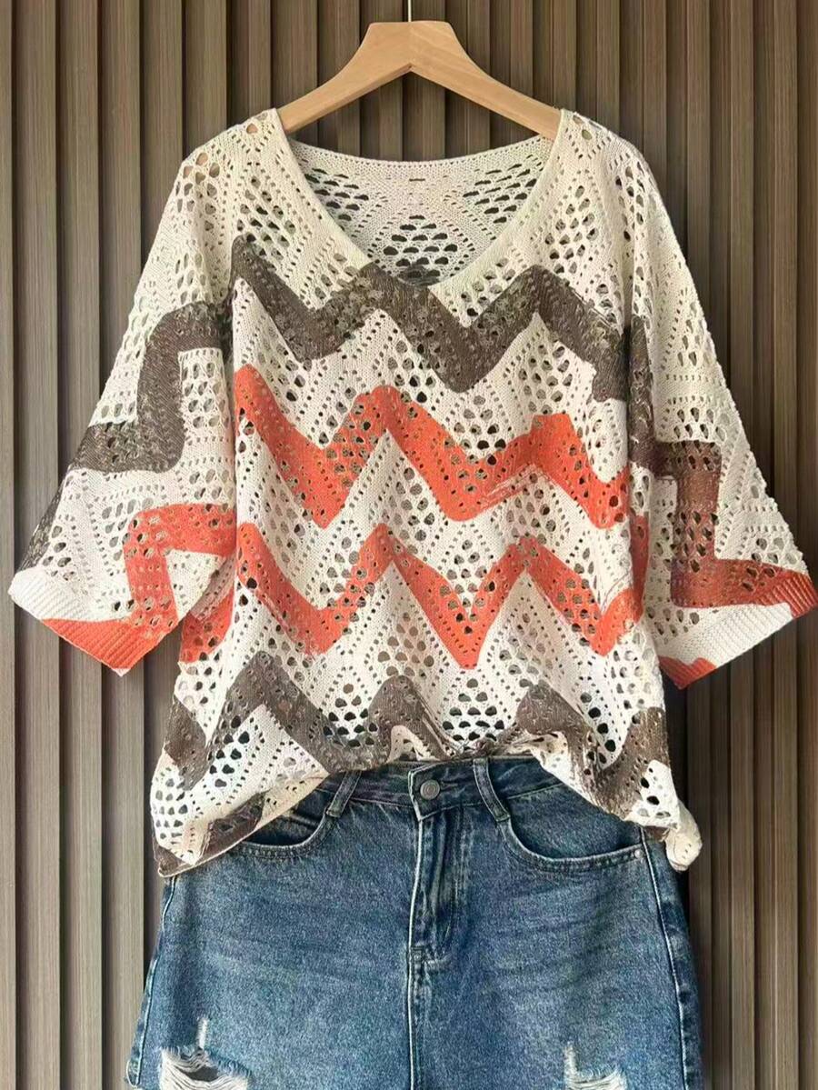 女士时尚3D印花针织毛衣，适合夏季度假 - 棕色 - 查看 1