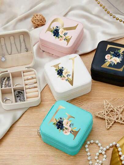 1pc Letter & Floral Pattern Jewelry Box | A-Z Alphabet Flower Portable Faux Leather Jewelry Storage Box, Suitable For Rings, Pendants, Earrings, Necklaces, Bracelets | Wedding Gift, Bridesmaid Gift, Birthday Gift, Anniversary Gift, Valentine's Day Gift For Girlfriend, Mother | Portable Jewelry Display Box