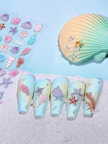 1pc Summer Ocean World Nail Stickers, 5D Embossed Seashell Underwater Creatures Nail Art Decals, Suitable For Personal DIY And Nail Salon Use - 彩色 - 查看 6
