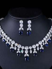 1 Set Of 3pcs Elegant Cubic Zirconia Necklace And Earrings Set, High-Quality Jewelry For Bride, Wedding, Formal Party, Engagement, Valentine's Day, Holiday Wear - Water Drop - View 10