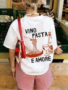 Camiseta de manga corta con cuello redondo, blanca, de estilo minimalista y casual, con estampado de pasta y vino, versátil y adecuada para mujeres - Blanco - Ver 2