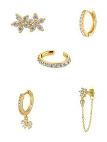 Bộ 5 đôi bông tai vòng mạ vàng 24K đính đá Cubic Zirconia xinh xắn dành cho nữ, gồm bông tai hình hoa Zirconia và bông tai dáng dài. - 5 cái/bộ - Xem 5