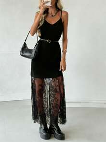 休闲优雅波西米亚山茶花针织蕾丝拼接吊带沙滩裙，适合度假、约会，四季皆宜，全球夏季皆可穿着。 - 磨砂黑 - 查看 1
