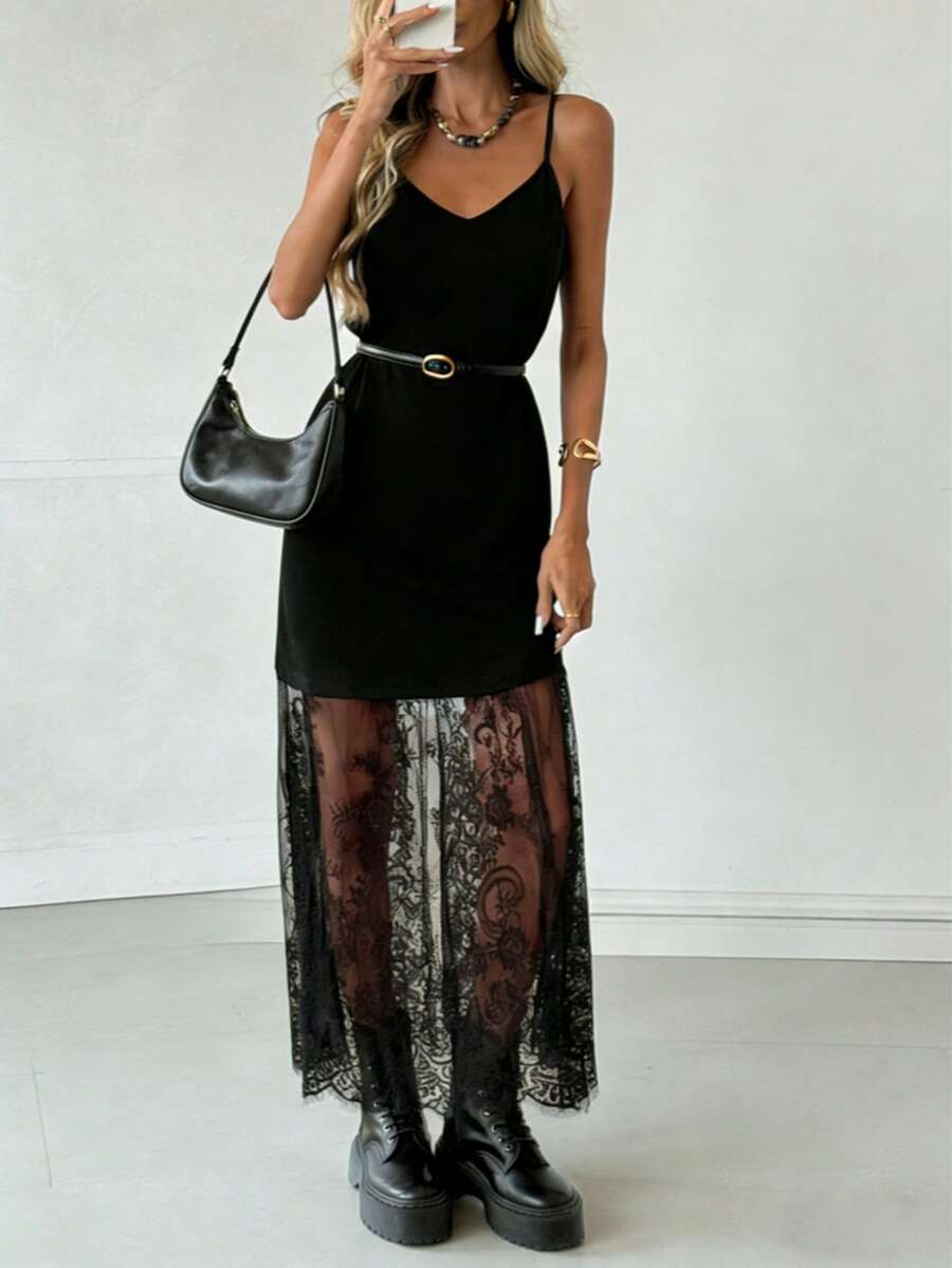 休闲优雅波西米亚山茶花针织蕾丝拼接吊带沙滩裙，适合度假、约会，四季皆宜，全球夏季皆可穿着。 - 磨砂黑 - 查看 1