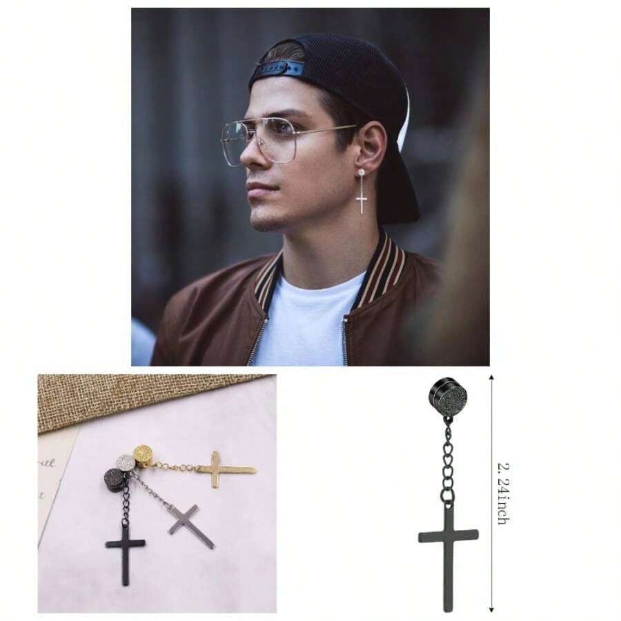 4 Pairs Stainless Steel Magnetic Earrings Men Clip On Earring Magnetic Stud Earring Unisex Non Piercing CZ Magnet Studs Earrings Women Men - 優雅磨砂 - 查看 1