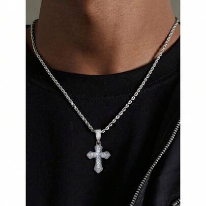 Beach Accessories For Women Prom Accessories1pc Men's Fully Iced-Out Cross Pendant Necklace, Hip-Hop Street Style Cross Necklace For Men, Rap & Hip-Hopfestival Adult Gifts