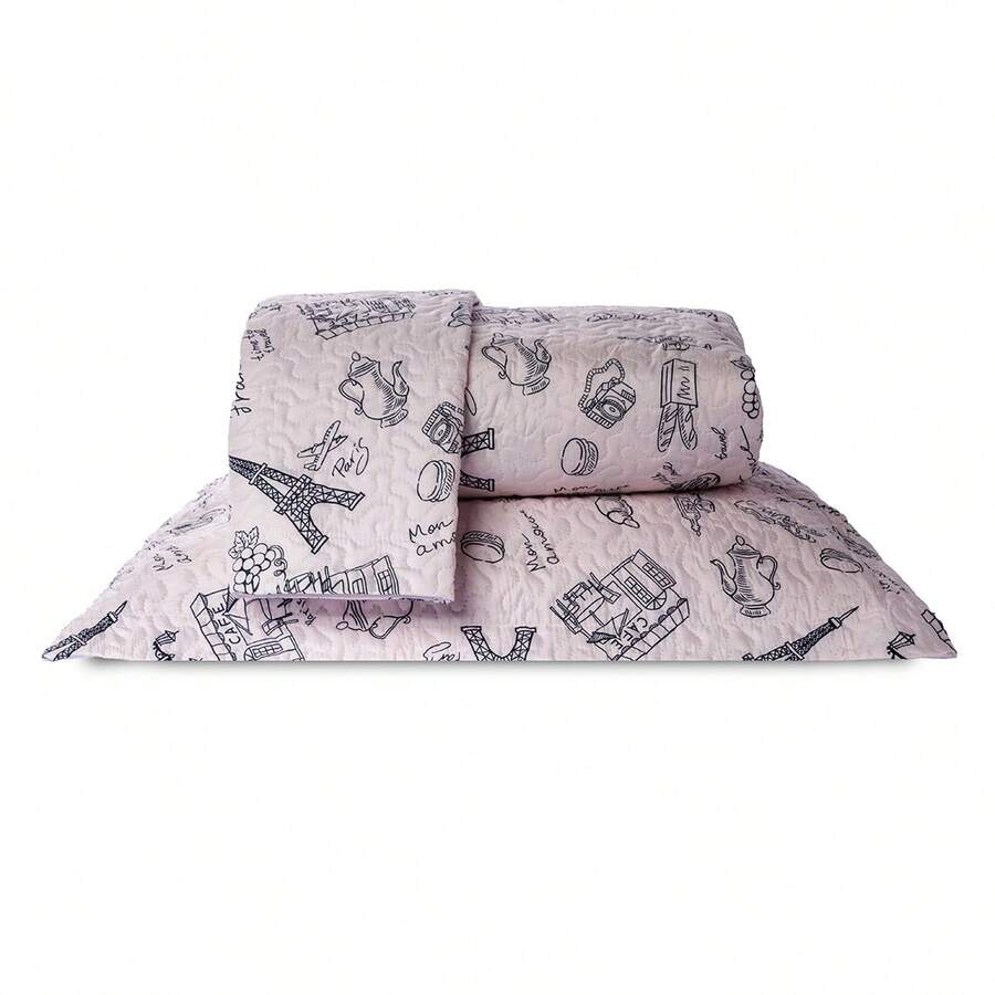 Double Bedspread Coverlet, Standard Size, 3 Pieces, Printed, 180 Thread Count - Paris - View 1