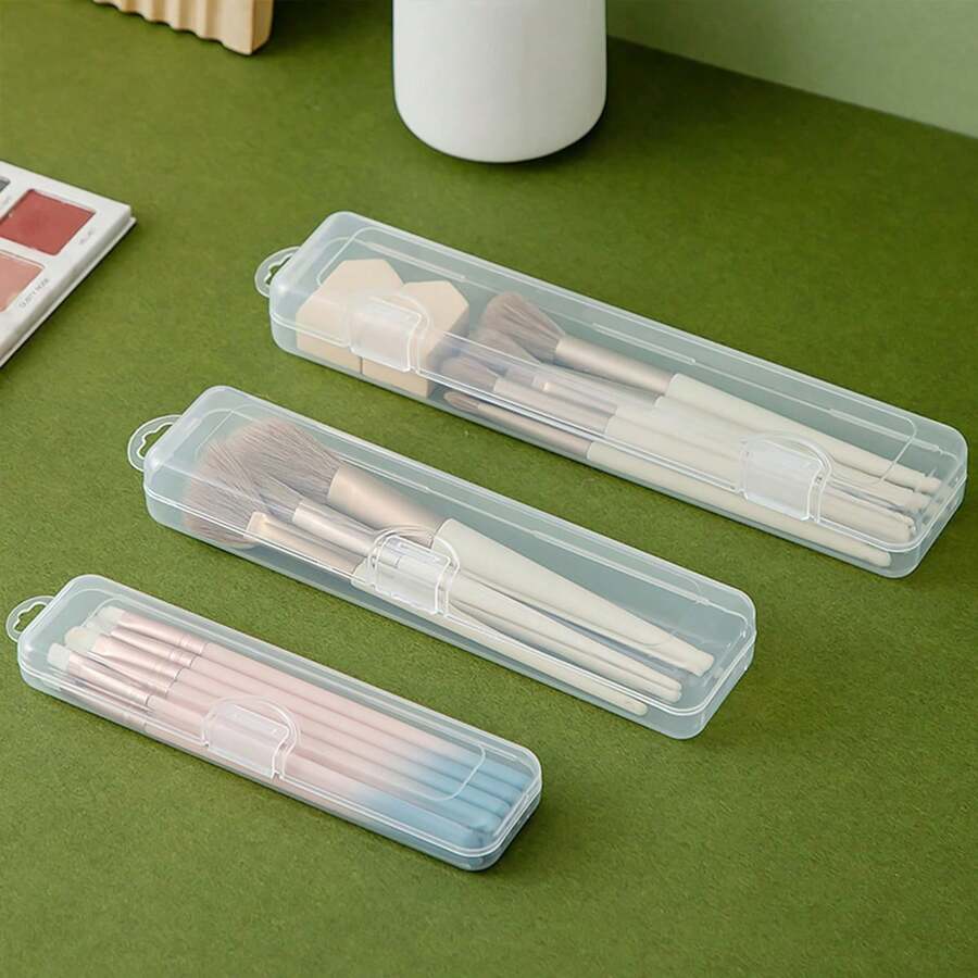 1/2/3pcs Multi Functional Transparent Plastic Storage Box, Moisture-Proof & Dustproof Makeup Brush Storage Box, Portable Cutlery Box, Travel Toothpaste Toothbrush Storage Container, Desktop Organizer, Suitable For Home, Office, Travel