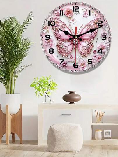 Charming Diamond Butterfly Wooden Wall Clock With Smooth Pink And Blue Floral Design - Modern Home Decor For Living Room, Bedroom, Kitchen, Office - Ideal Gift For Valentine's Day, New Year, Birthday, Butterfly Decoration