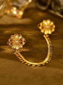 1枚可调节花朵链连接戒指，奢华铜镀金，适合女性婚礼派对配饰 - 金黃色 - 查看 6