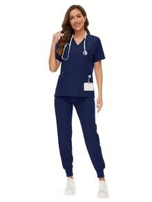 Scrubs Women Nursing Beauty SPA Scrubs Pet Clinic Store Veterinary Dentistry Work Clothes Set High-Quality Nurse Scrub Spring Black - Màu xanh hải quân - Xem 4