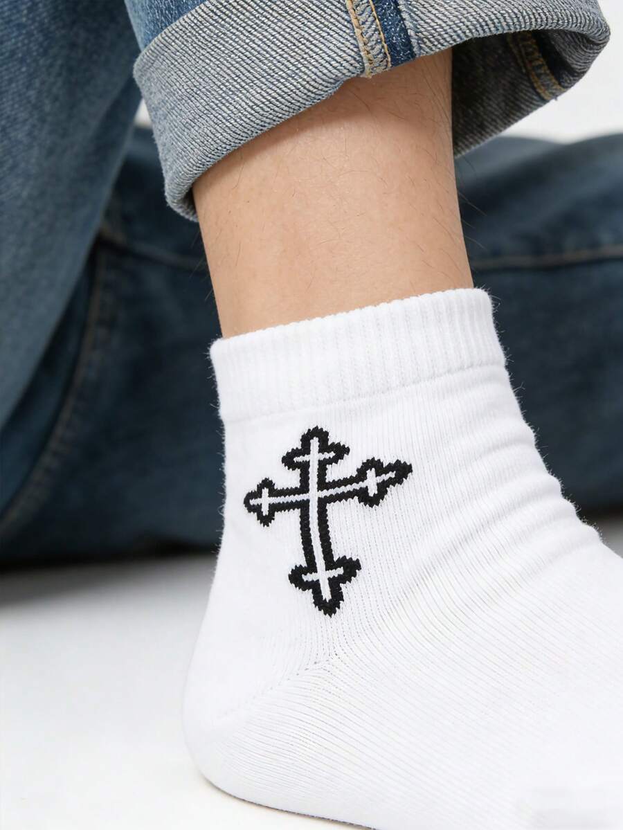 2/8/10 Pairs Men's Cross Design Fashionable Casual Versatile Mid-Calf Socks - Black and White - View 1