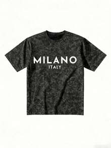 復古水洗灰色 MILANO ITALY 字母印花寬鬆大版 T-shirt，極簡歐風街頭日常上衣，黑色夏季休閒款 - 黑色 - 查看 4