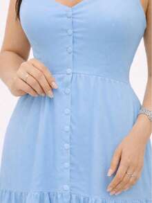 Long Dress In Viscose Linen, Plain, With Thin Straps, Buttons Down The Front, Padded Cups And Lining. Elasticated Back. - Baby Blue - View 2