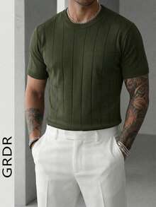 GRDR Men's Summer Knit Solid Ribbed Short Sleeve Sweater, Sporty Casual, Suitable For Outdoor Activities - Army Green - View 9