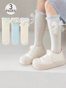 3双装女童/儿童/幼儿过膝袜，白色、蓝色，纯色，撞色设计，大蕾丝花边，蝴蝶结，直筒袜型，可爱公主风，学院风，春秋冬三季皆宜，过膝袜，适合日常穿着，蕾丝花边袜，派对公主袜，节日，返校季，百搭可爱，可搭配乐福鞋、运动鞋、平底鞋，返校季，学生，新学期，开学，教室 - 彩色 - 查看 1