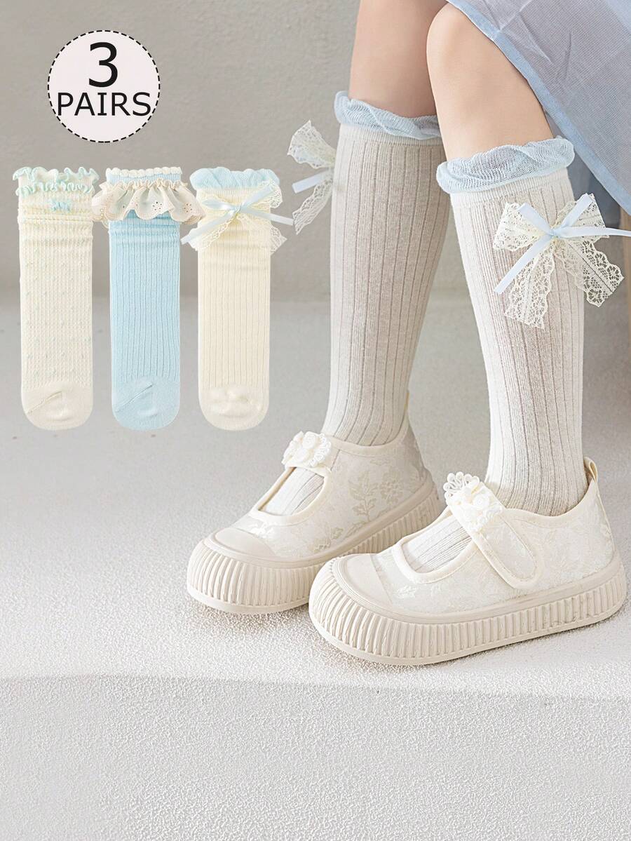 3双装女童/儿童/幼儿过膝袜,白色、蓝色,纯色,撞色设计,大蕾丝花边,蝴蝶结,直筒袜型,可爱公主风,学院风,春秋冬三季皆宜,过膝袜,适合日常穿着,蕾丝花边袜,派对公主袜,节日,返校季,百搭可爱,可搭配乐福鞋、运动鞋、平底鞋,返校季,学生,新学期,开学,教室 - 彩色 - 查看 1