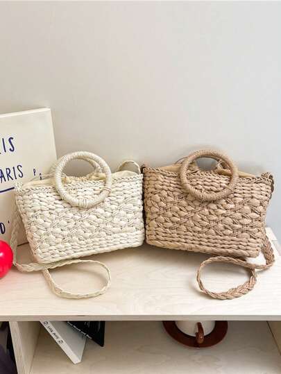 Túi tote 2 trong 1 có dây rút, làm từ rơm giấy tự nhiên, họa tiết hình thoi, thích hợp cho kỳ nghỉ, đi biển, đi làm hàng ngày, dã ngoại mùa xuân/hè.