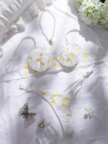 2pcs/Set Delicate Daisy Embroidery Lingerie Set, Pure White Base With Exquisite Yellow Flower Embroidery, Soft And Ethereal. Lightweight Embroidered Breathable And Skin-Friendly, Underwire Design For Comfortable Support, Adjustable Straps To Fit The Body, Sweet French Style Suitable For Daily Wear And Dates - Multicolor - View 1