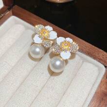 1 Đôi bông tai hình hoa đính ngọc trai và đá Zirconia dễ thương kiểu Hàn Quốc, trang sức sang trọng, thanh lịch dành cho nữ, quà tặng cho bé gái, phù hợp với trang phục hàng ngày và phụ kiện dự tiệc. - Vàng - Xem 4