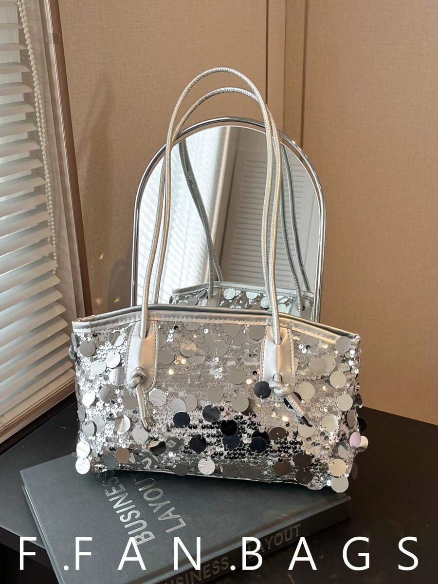 新款流苏亮片手提包，大容量多功能女士单肩托特包 - 銀色 - 查看 1