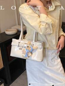 low tea 1个低茶色纯色PU皮革单肩包，女士复古时尚方形手提包，顶部双提手，拉链封口，适合旅行、购物、约会、女士礼物，非常适合通勤、户外活动、旅行、徒步旅行（附赠吊坠） - 米色 - 查看 7