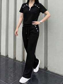 女士时尚黑色翻领半拉链上衣搭配松紧腰宽松长裤套装，纽扣细节，舒适休闲，春夏新款女士服装 - 黑色 - 查看 6