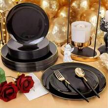 Juego de vajilla de cerámica negra con borde dorado, que incluye platos negros con bordes dorados, adecuado para diversas ocasiones como cumpleaños, fiestas, banquetes, celebraciones festivas, eventos de Año Nuevo y servicios de catering (vajilla de cerámica, lavable y reutilizable) - Negro - Ver 2