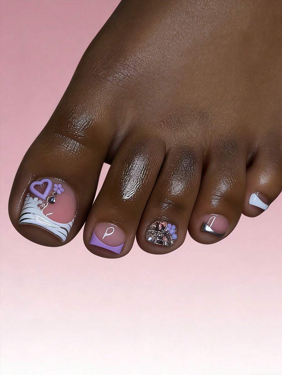 24pcs Short Square Toe Nail Art Stickers, Elegant Leopard Print, Sparkling Rhinestone Heart & Flower Designs, Glossy Finish, Versatile For Dates, Parties, Spring/Summer, Autumn/Winter Daily Wear, Removable Press-On Nails Set With Jelly Gel And File Included, Random Jelly Gel Color - Multicolor - View 1