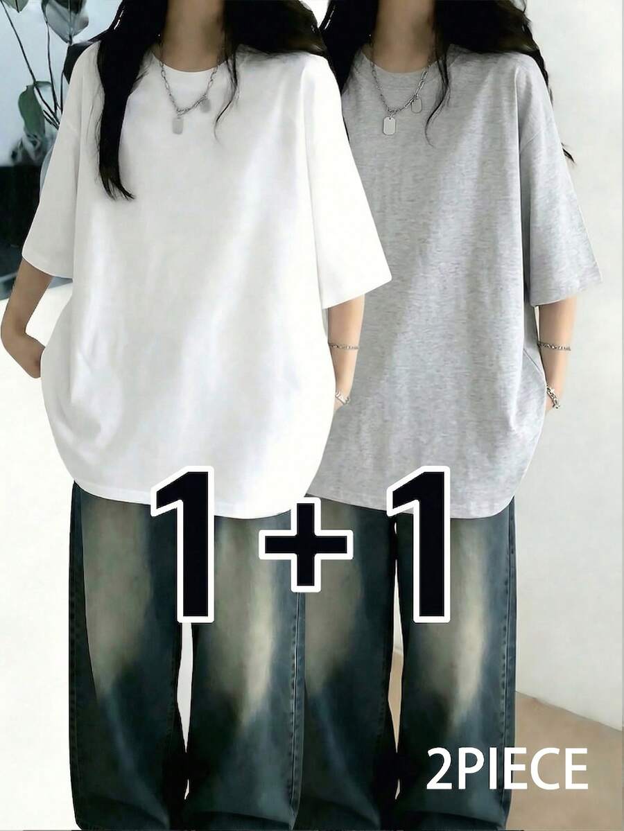 2件套 女士休闲宽松圆领纯色短袖T恤,春夏款 - 白色+淺花灰 - 查看 1