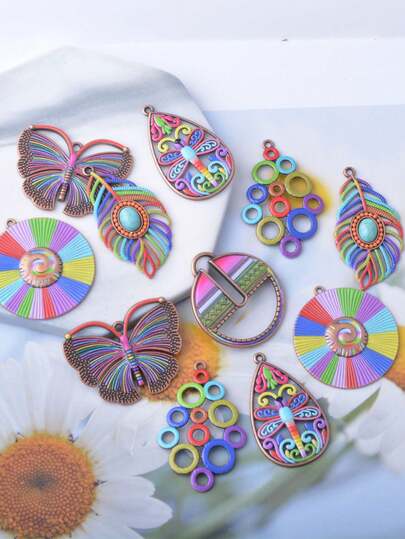 12pcs/Pack Bohemian Beach Painted Zinc Alloy Vintage Colorful Charms, Feather, Butterfly, Dragonfly Decor, Retro Fashion Earring Pendant Set, DIY Jewelry Making Supplies