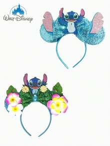 Disney, 1pc Cute Stitch Sequin Headband, Adorned With Frangipani Leaves And An Embroidered Bow; A Stylish Cartoon Character Headband With Ears; A Sparkling, Eye-Catching Hair Accessory Perfect For Costume Parties, Role-Playing, Theme Park Visits, Holiday Celebrations, And Stage Performances - Random Styles - View 1