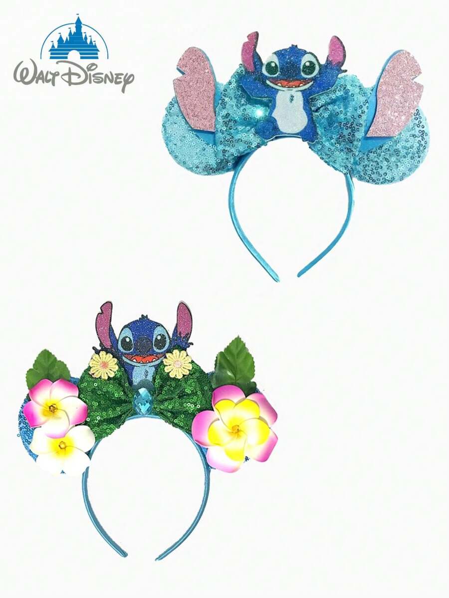 Disney, 1pc Cute Stitch Sequin Headband, Adorned With Frangipani Leaves And An Embroidered Bow; A Stylish Cartoon Character Headband With Ears; A Sparkling, Eye-Catching Hair Accessory Perfect For Costume Parties, Role-Playing, Theme Park Visits, Holiday Celebrations, And Stage Performances - Random Styles - View 1