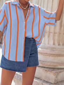 Women's Color Block Striped Loose Blouse Short Sleeve, Elegant Cardigan Top, Suitable For Commute, Fashion, Daily Wear, Dates, Outings, Spring/Summer - Blue Coffee - View 3