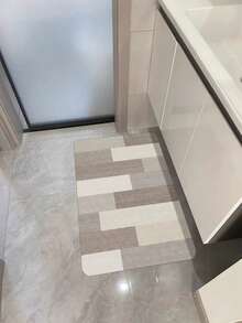 1pc Washable Non-Slip Beige Simple Kitchen Mat, Italian Minimalist Style Square Grid Striped Silica Gel Non-Slip Carpet, Quick Absorbency, Easy Cleaning, Suitable For Kitchen, Dining Room, Bathroom, Laundry Room And Entrance - Beige - View 4