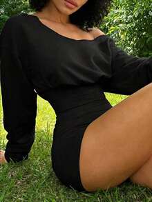 2pcs Women Casual Sports Set, Shorts And Long Sleeve Top, Streetwear Style Daily Wear Spring - 黑色 - 查看 10