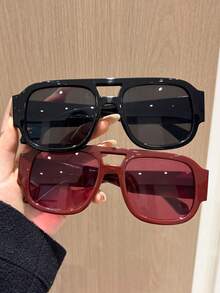 1 Pair Women's Fashionable Retro Jujube Red Double-Bridge Aviator Fashion Glasses - Multicolor - View 2