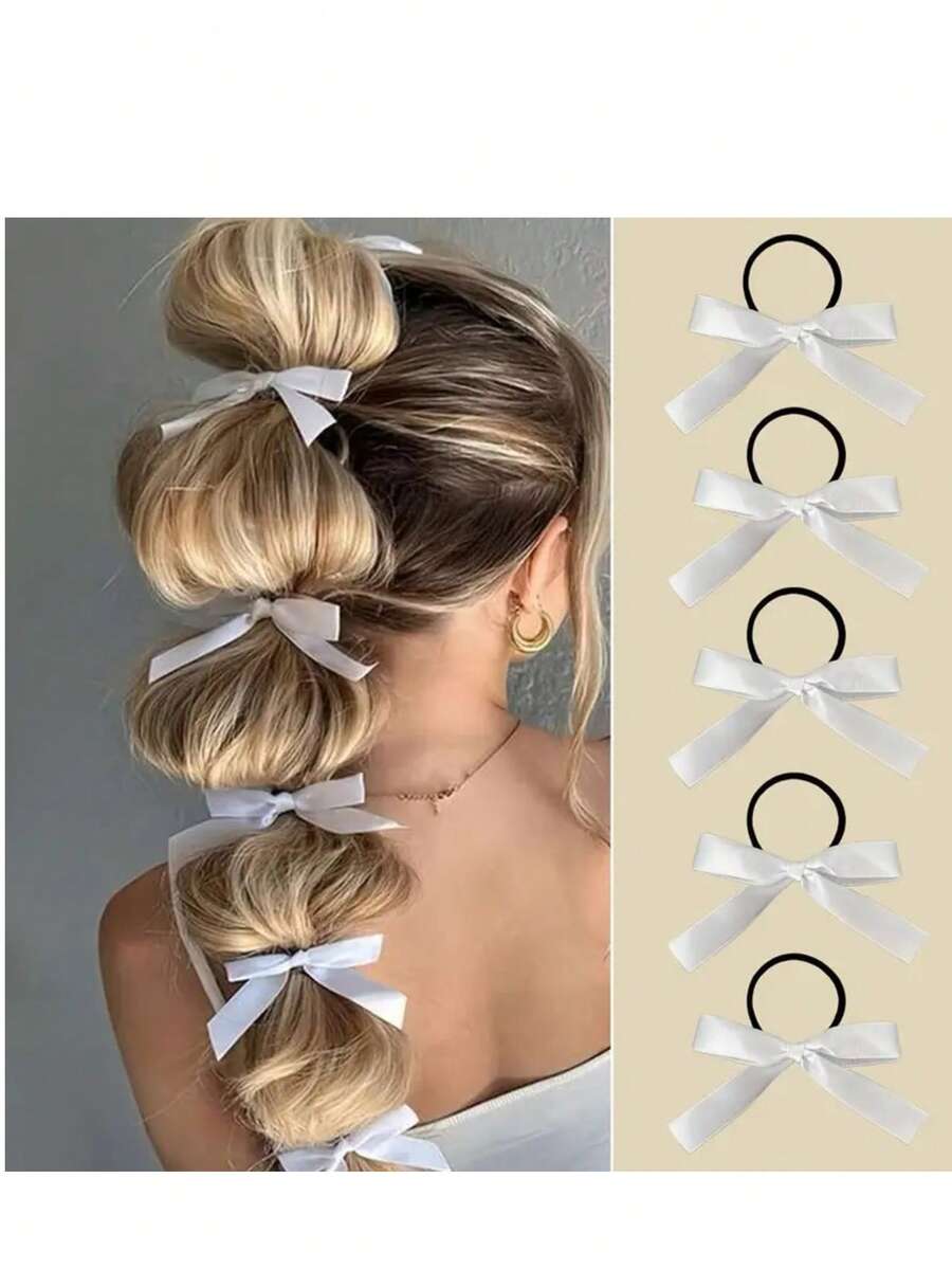 5pcs Simple Versatile Black Satin Bow Hair Ties, High Elastic Ponytail Holders, Soft No Tight No Hair Damage, Ideal For Daily Hairstyling, Commute, School, Dating, Party, Holiday Matching, Cost-Effective Basic Hair Accessories For Women,Hair Accessories,Summer,Hair Ties,Gifts For Women,Bachelorette Party,Travel Essentials Hair Elastics Hair Rubber Bands Scrunchies Hair Rope Elastic Hair Tie - Multicolor - View 1