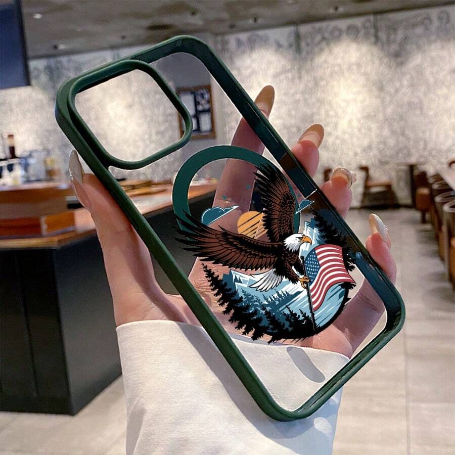 Funda Mate Antigolpes Rígida halcón bandera estadounidense montañas bosque atardecer Borde Silicona Suave para iPhone 11 13 15 Pro mini Max Plus - Verde - Ver 1